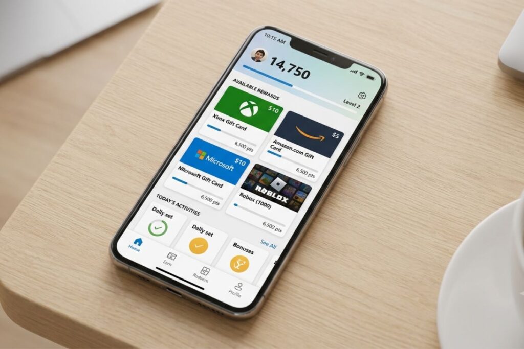 A smartphone screen displaying the Microsoft Rewards homepage with a visible point balance and available rewards against a clean background.