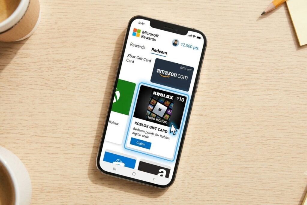A top-down view of a smartphone screen showing the Roblox gift card redemption option highlighted on the Microsoft Rewards page.