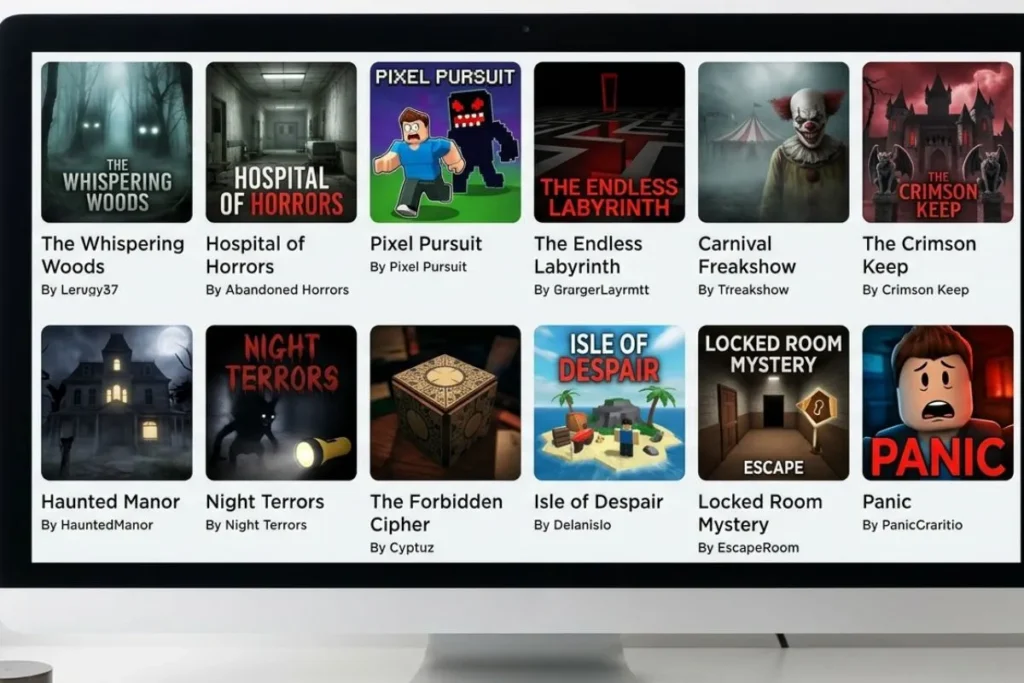 A computer monitor displaying a colorful grid variety of multiple Roblox horror game thumbnails and genre options.