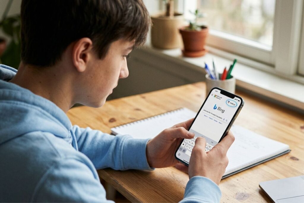A close-up of a teenage boy using a smartphone to complete a daily search task on Bing to earn Microsoft Rewards point