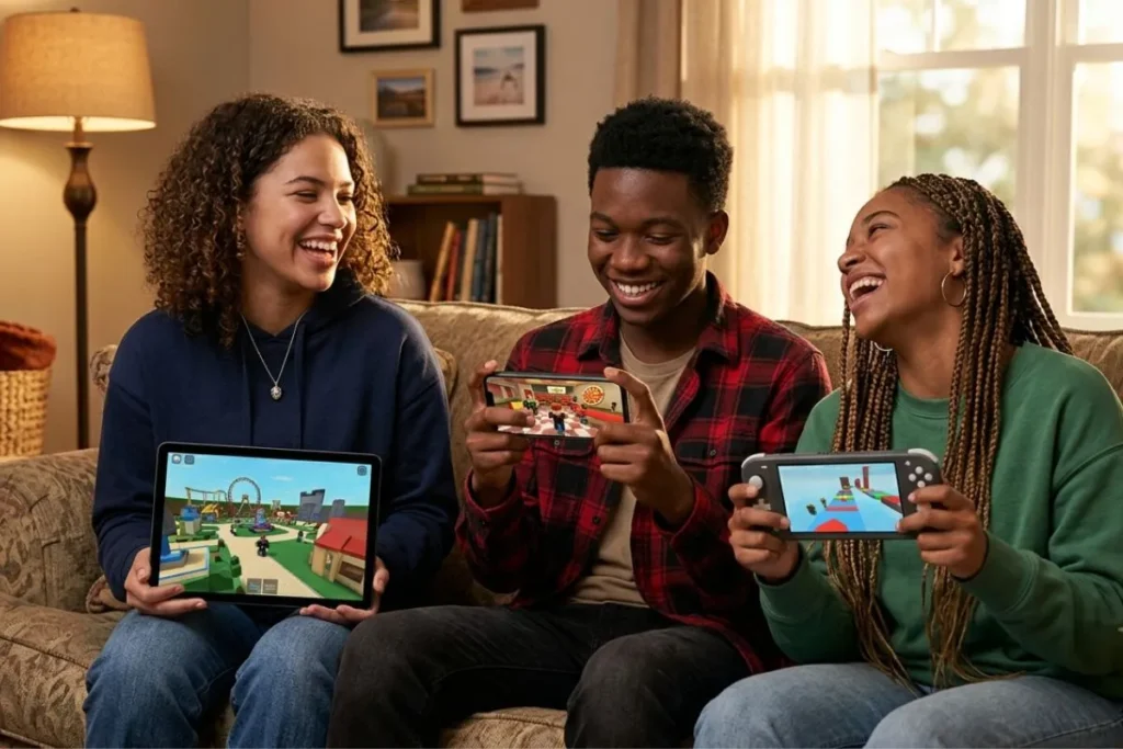 Three diverse teenagers sitting together on a living room couch laughing and playing games on their mobile devices.